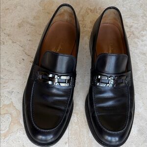 Salvatore Ferragamo Black Leather Men’s Dress Loafers with Graphite Metal Bit